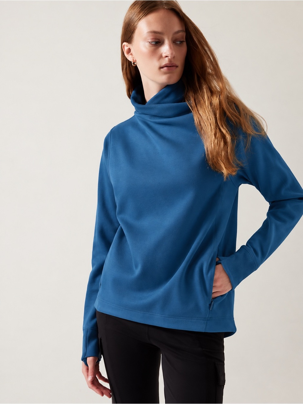 Athleta Cozy Karma II Sweatshirt Teal Blue Size L Twist Neck Zip Pockets